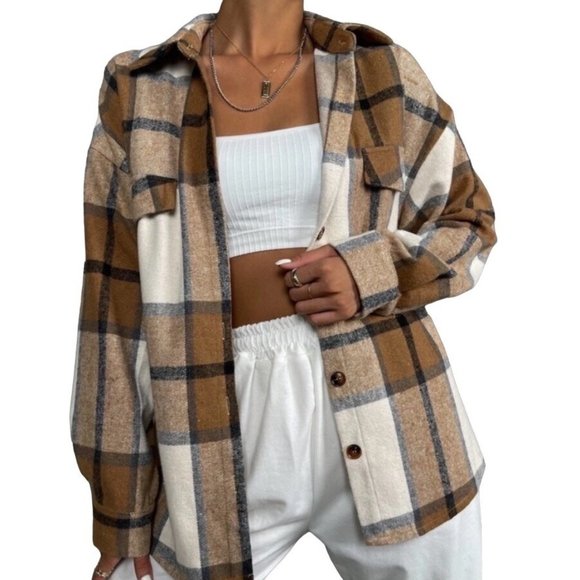 SHEIN Tops - Shein Brown Multicolored Plaid Button Front Shacket Women’s  Large Cabincore